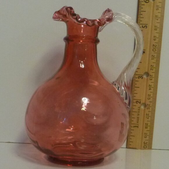 FENTON ART GLASS CRANBERRY DRAPERY RUFFELED EDGE PICHER - Picture 2 of 8